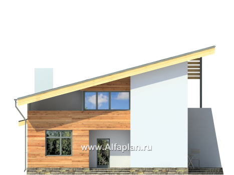 Проект дома с мансардой, план с кабинетом на 1 эт и мастер спальня на 2 эт, с террасой, в современном стиле, эффектный коттедж с односкатной крышей - превью фасада дома