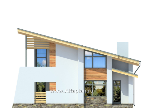 Проект дома с мансардой, план с кабинетом на 1 эт и мастер спальня на 2 эт, с террасой, в современном стиле, эффектный коттедж с односкатной крышей - превью фасада дома