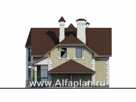 «Клио» -  проект дома с мансардой из кирпича, с эркером и с террасой, с навесом для авто - превью фасада дома
