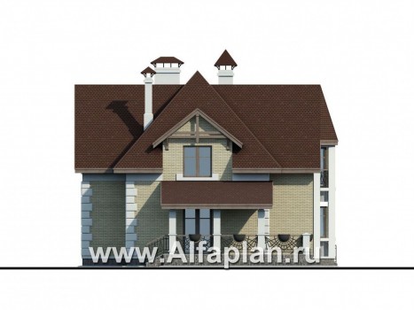 «Клио» -  проект дома с мансардой из кирпича, с эркером и с террасой, с навесом для авто - превью фасада дома