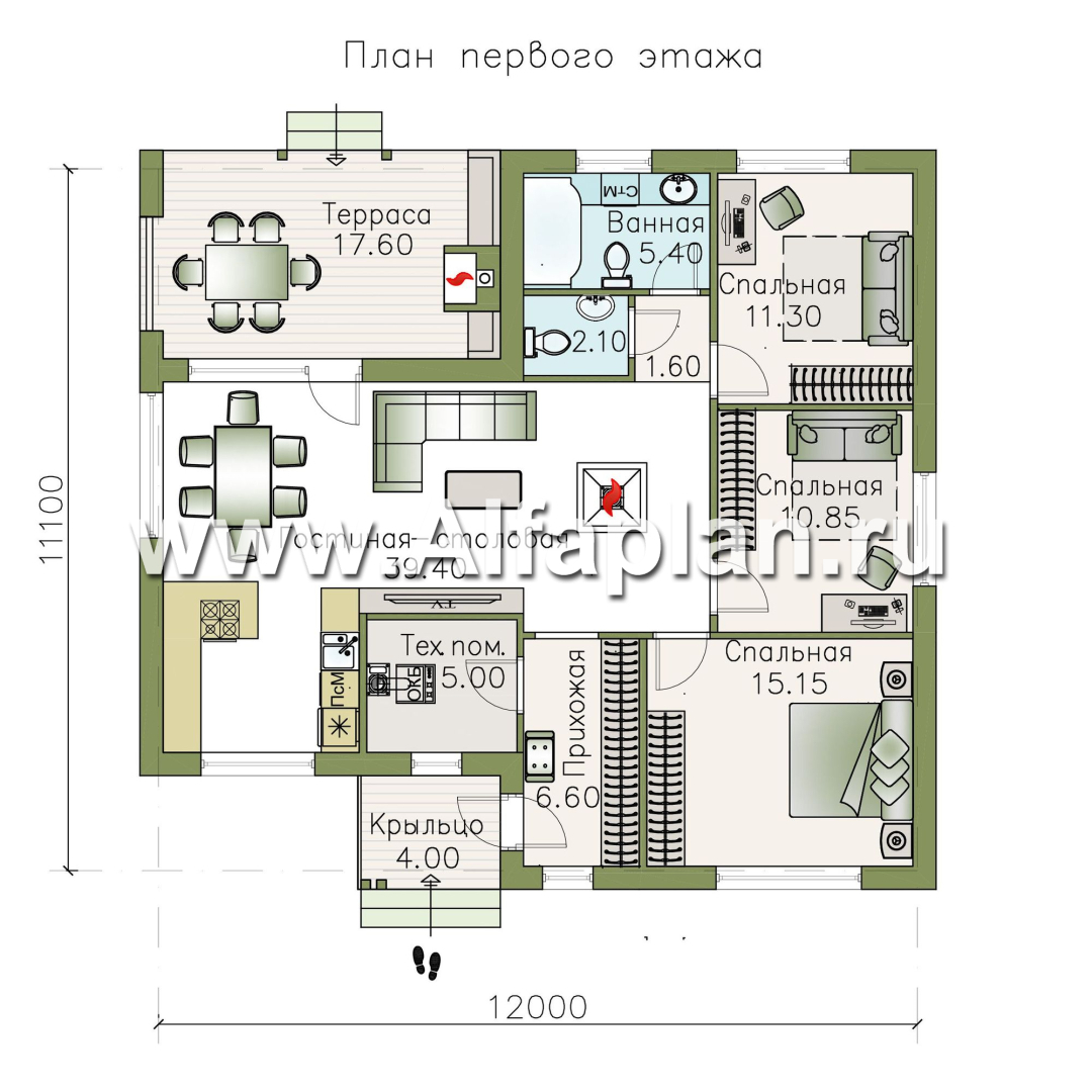 Проекты домов Альфаплан - «Дзета» - одноэтажный каркасный дом с просторной гостиной-столовой - план проекта №1