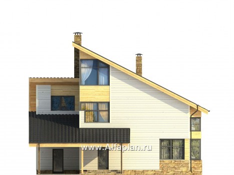 Проект каркасного двухэтажного дома с мансардой, план со спальней на 1 эт и с террасой, навес на 1 авто, в современном стиле - превью фасада дома