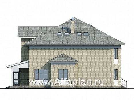 «Рюрик» - проект двухэтажного дома с мансардой, из газоблоков, с эркером, две жилых комнаты на 1 эт, коттедж в стиле замка - превью фасада дома