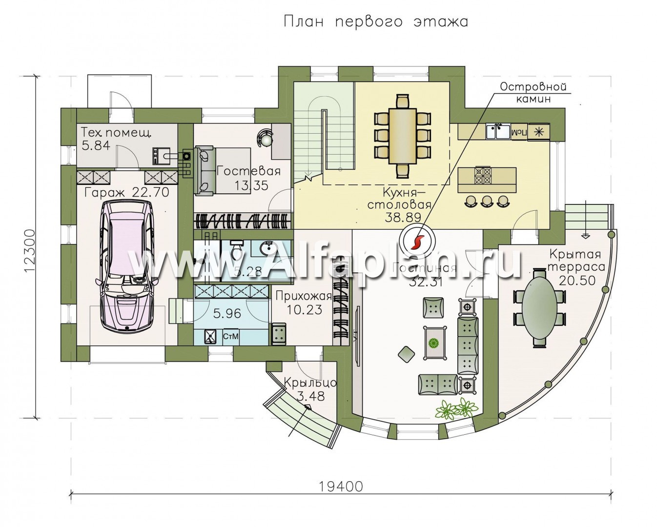 «Меркурий» - проект двухэтажного дома, с террасой и балконом, столовая со вторым светом, островной камин - план дома