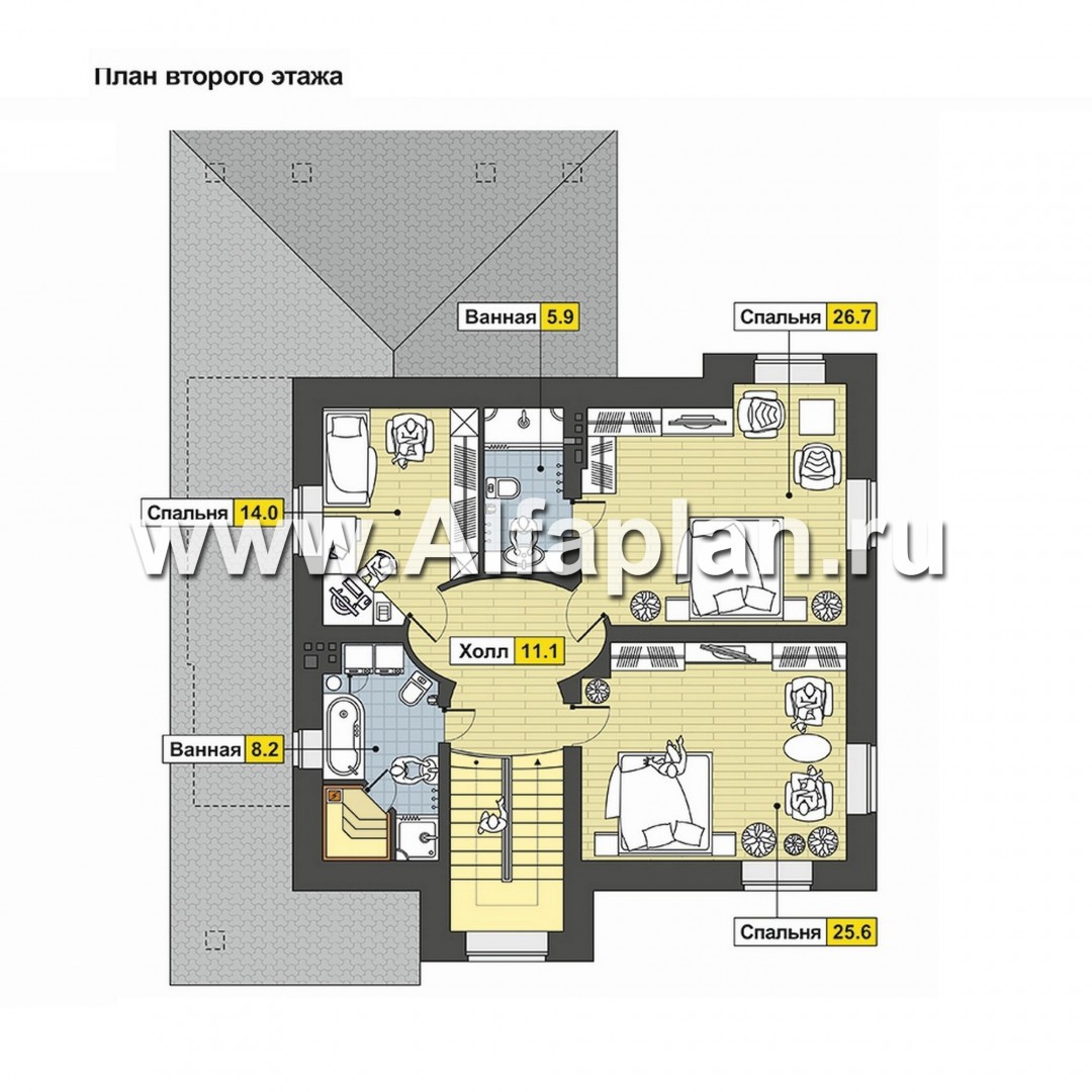 Проект двухэтажного дома, планировка с гостевой на 1 эт и с террасой с барбекю, коттедж с овальным холлом - план дома