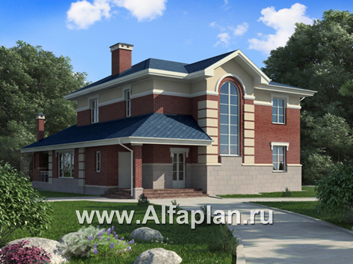 Проект двухэтажного дома, планировка с гостевой на 1 эт и с террасой с барбекю, коттедж с овальным холлом - основное изображение