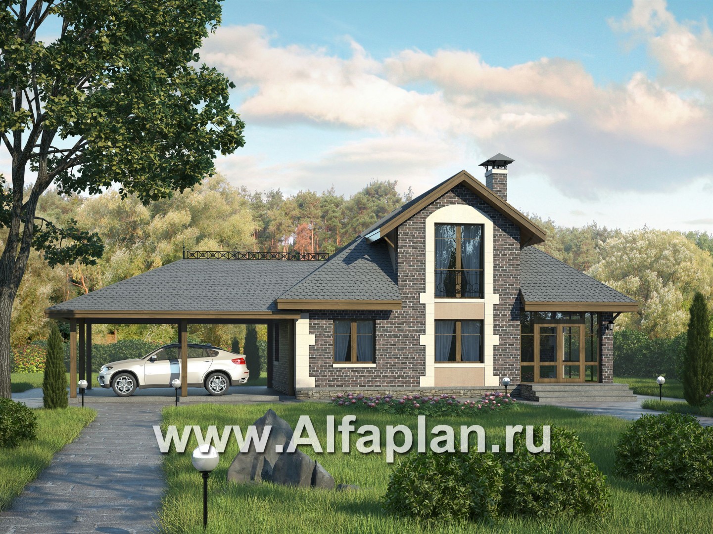 Проекты домов Альфаплан - «Замечательный сосед плюс»- дом со студией и навесом для машин - основное изображение