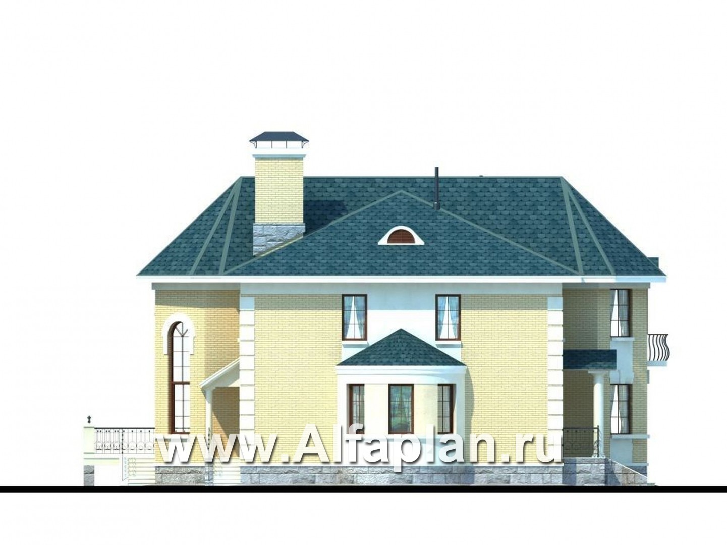 «Белта» - проект двухэтажного дома из газобетона, планировка со вторым светом в гостиной, с эркером и террасой - фасад дома