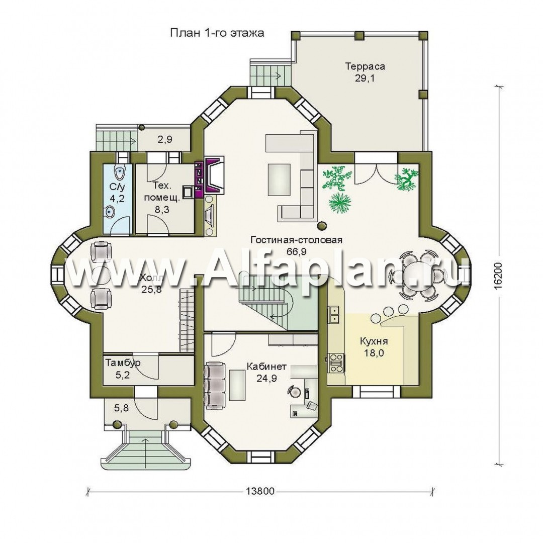 «Белта» - проект двухэтажного дома из газобетона, планировка со вторым светом в гостиной, с эркером и террасой - план дома