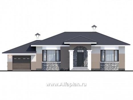 Проекты домов Альфаплан - "Новый свет" - проект одноэтажного дома с гаражом для небольшой семьи - превью фасада №1