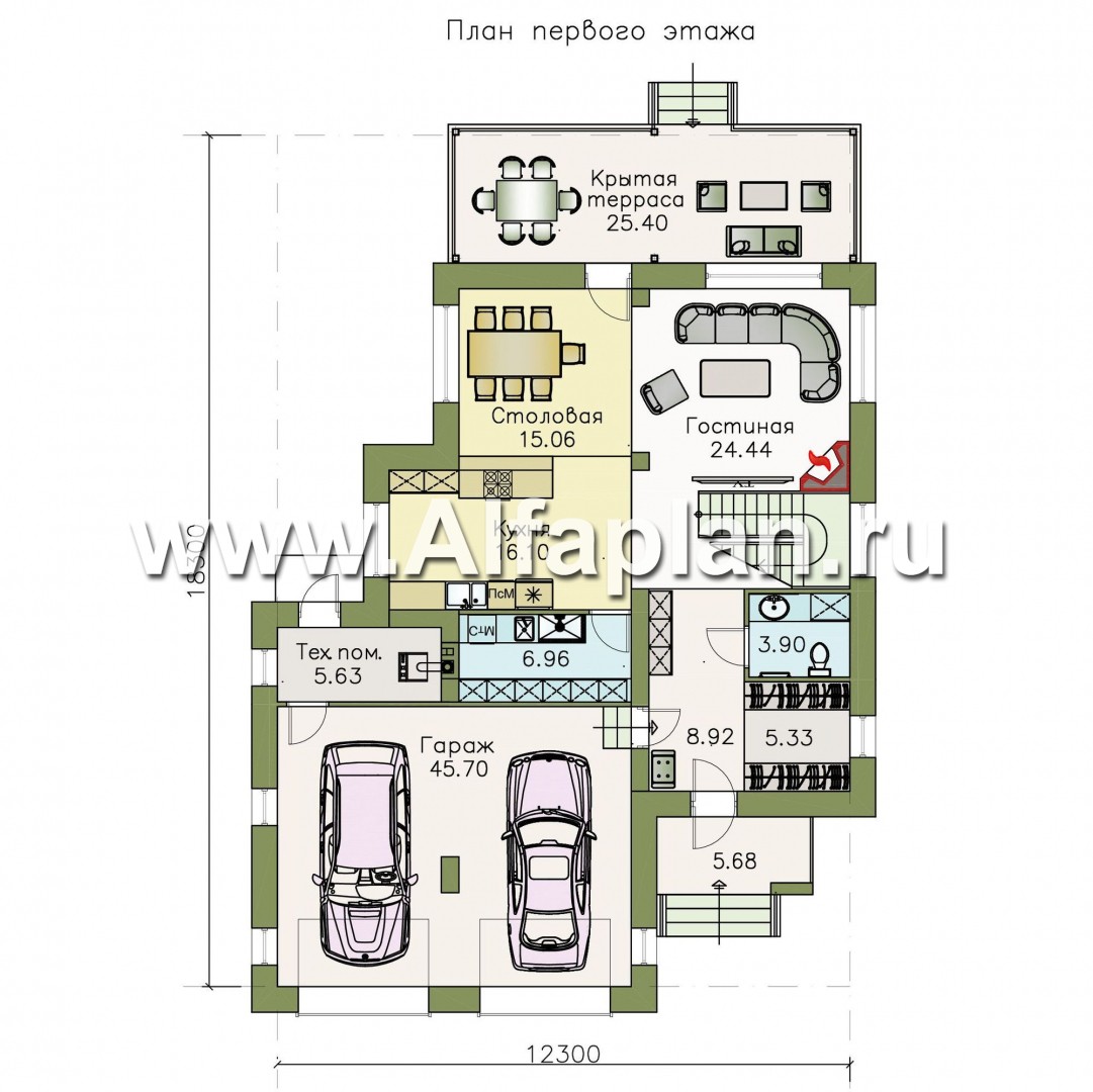 Проекты домов Альфаплан - «Эвр» - коттедж с плоской кровлей, с гаражом на два автомобиля - изображение плана проекта №1