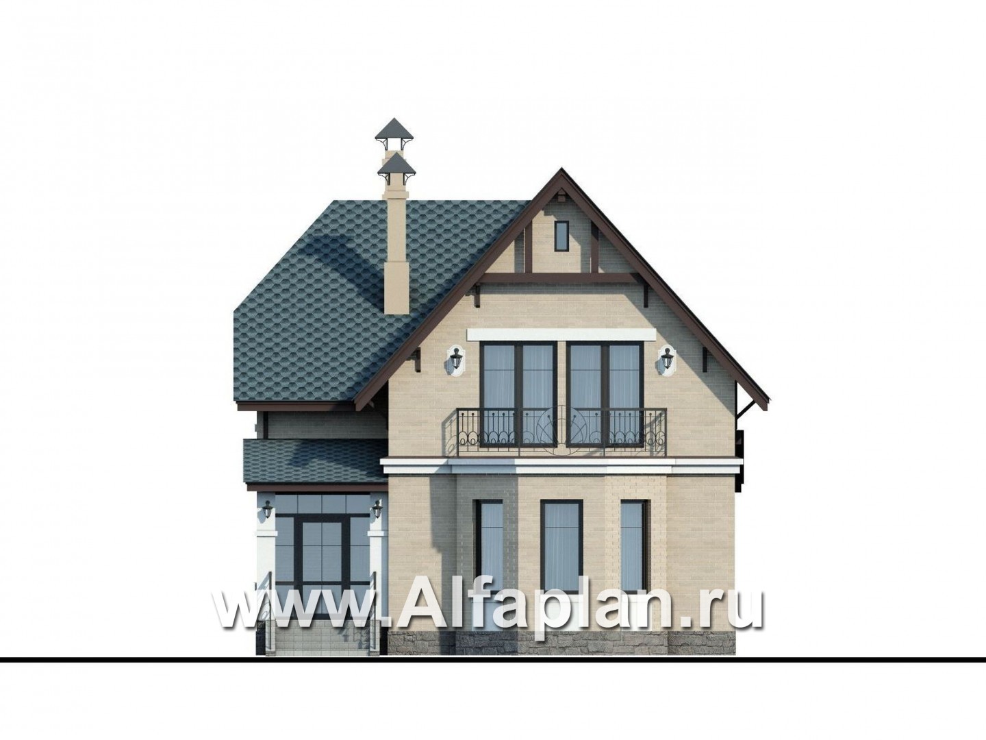 «Времена года» - проект дома с мансардой из газоблоков, с эркером и террасой - фасад дома