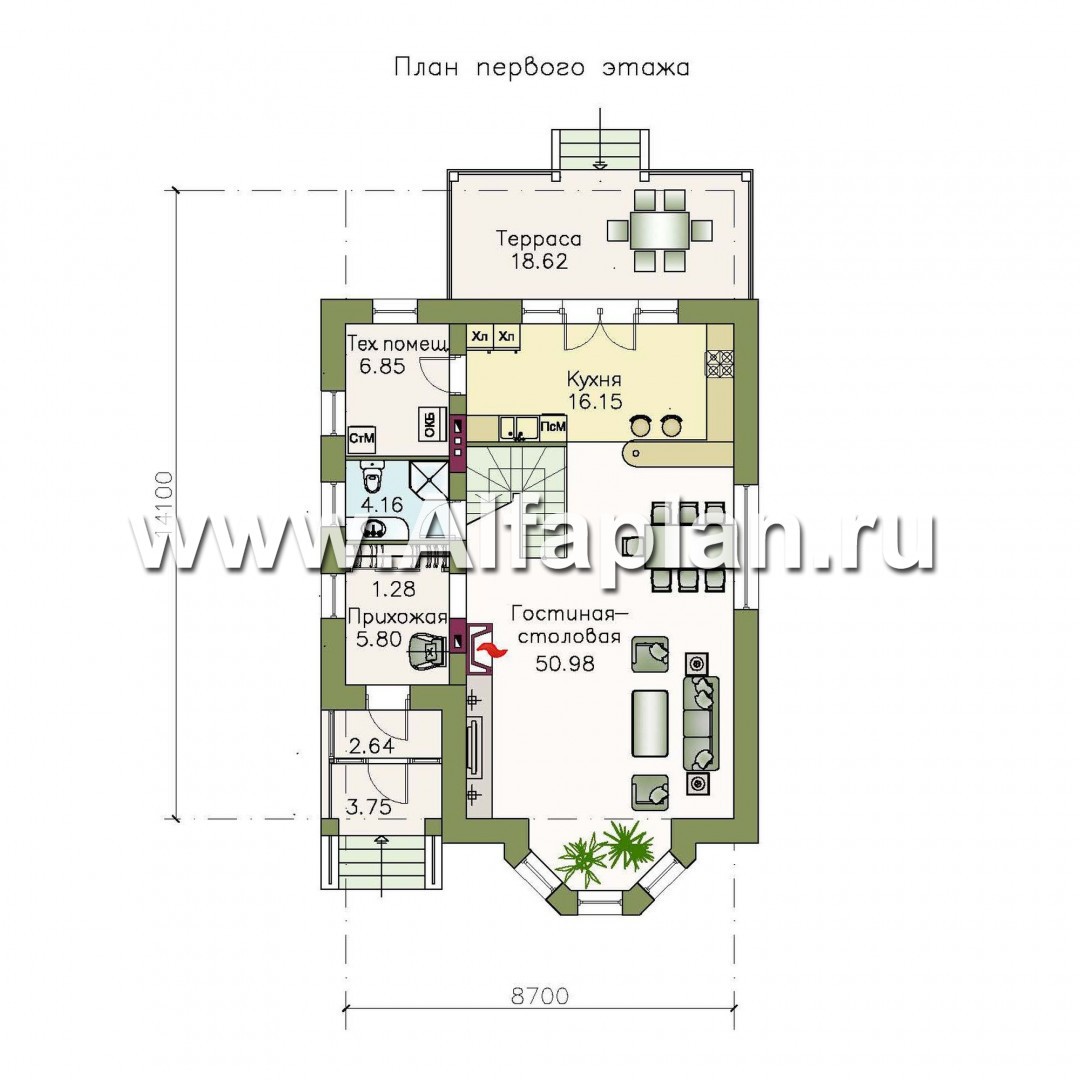 «Времена года» - проект дома с мансардой из газоблоков, с эркером и террасой - план дома