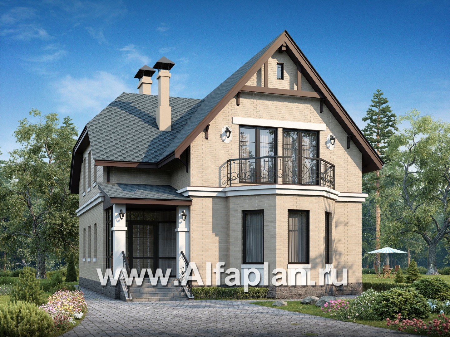 «Времена года» - проект дома с мансардой из газоблоков, с эркером и террасой - основное изображение