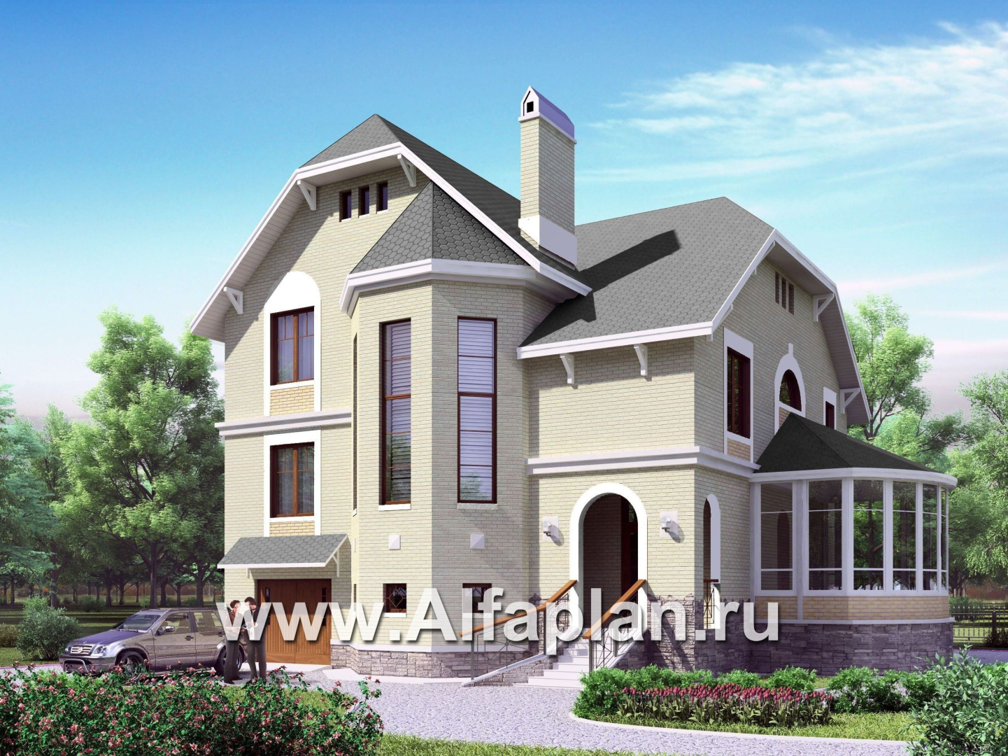 «Верона» - проект трехэтажного дома, с эркером и с верандой, с гаражом - дизайн дома №1