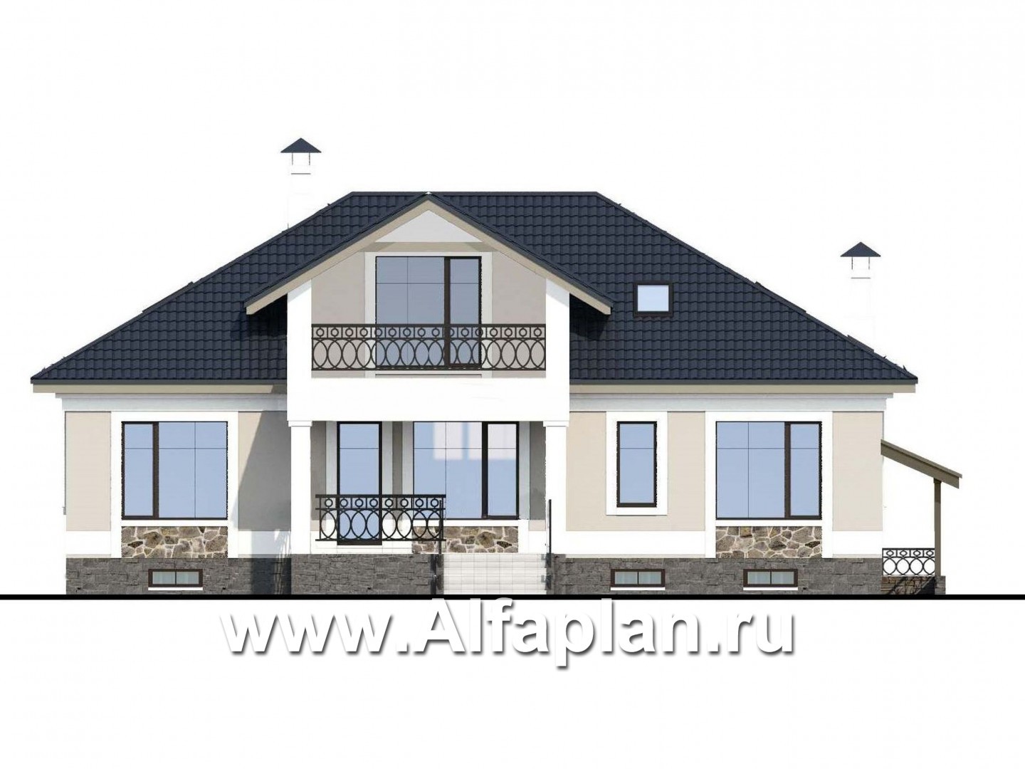 «Волга» - проект дома с мансардой, с террасой, планировка 3 жилых комнаты на 1 эт и второй свет в гостиной, с цокольным этажом - фасад дома