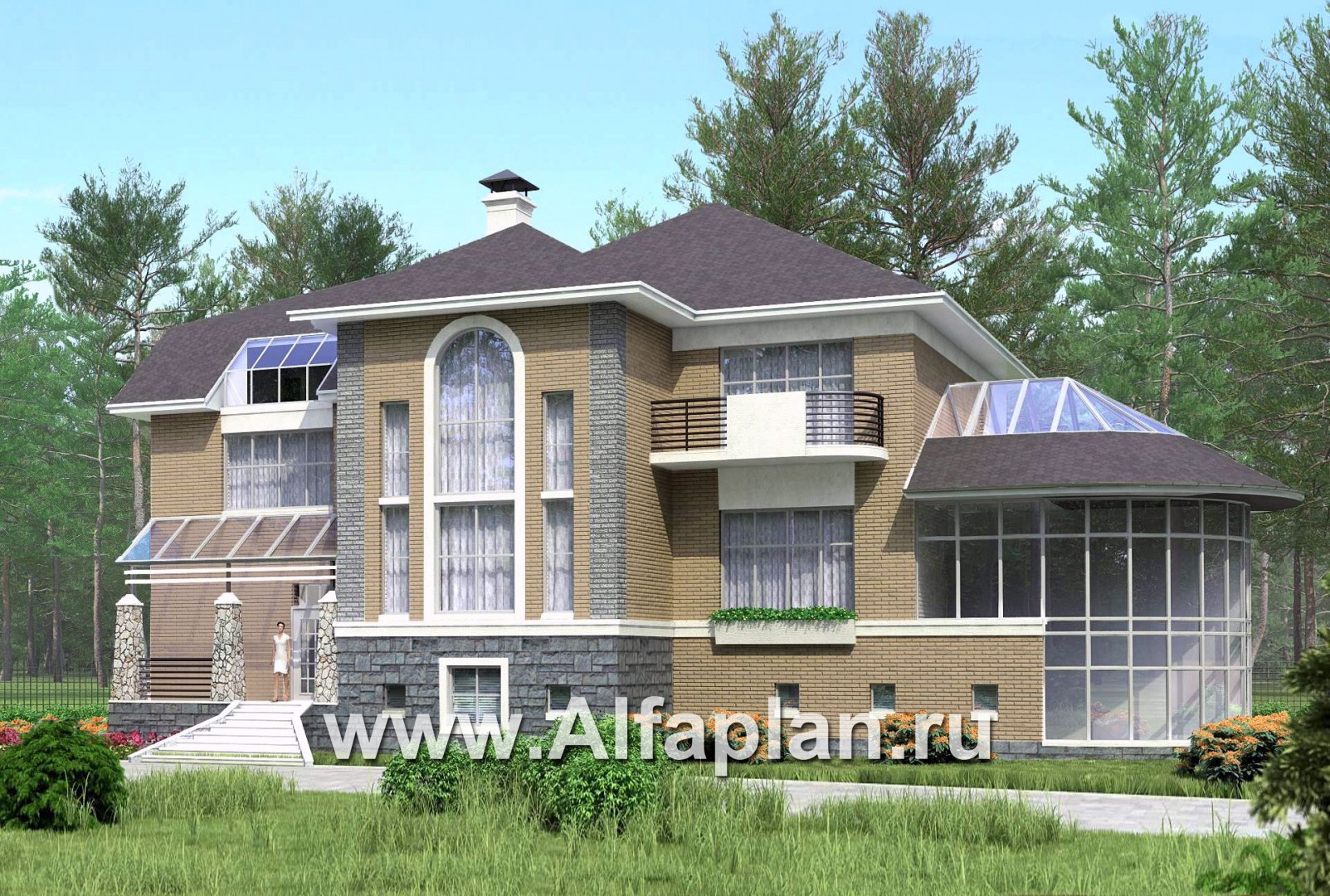 «ИДЕНТИФИКАЦИЯ» - проект роскошной современной усадьбы, планировка со вторым светом, с бассейном и сауной, с зимним садом - основное изображение