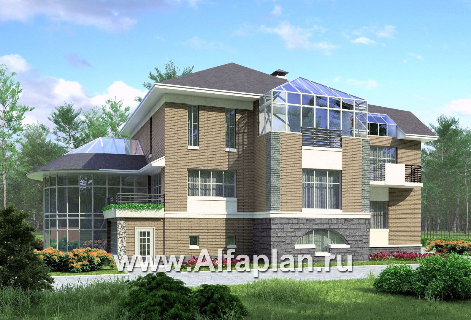 «ИДЕНТИФИКАЦИЯ» - проект роскошной современной усадьбы, планировка со вторым светом, с бассейном и сауной, с зимним садом - дизайн дома №1