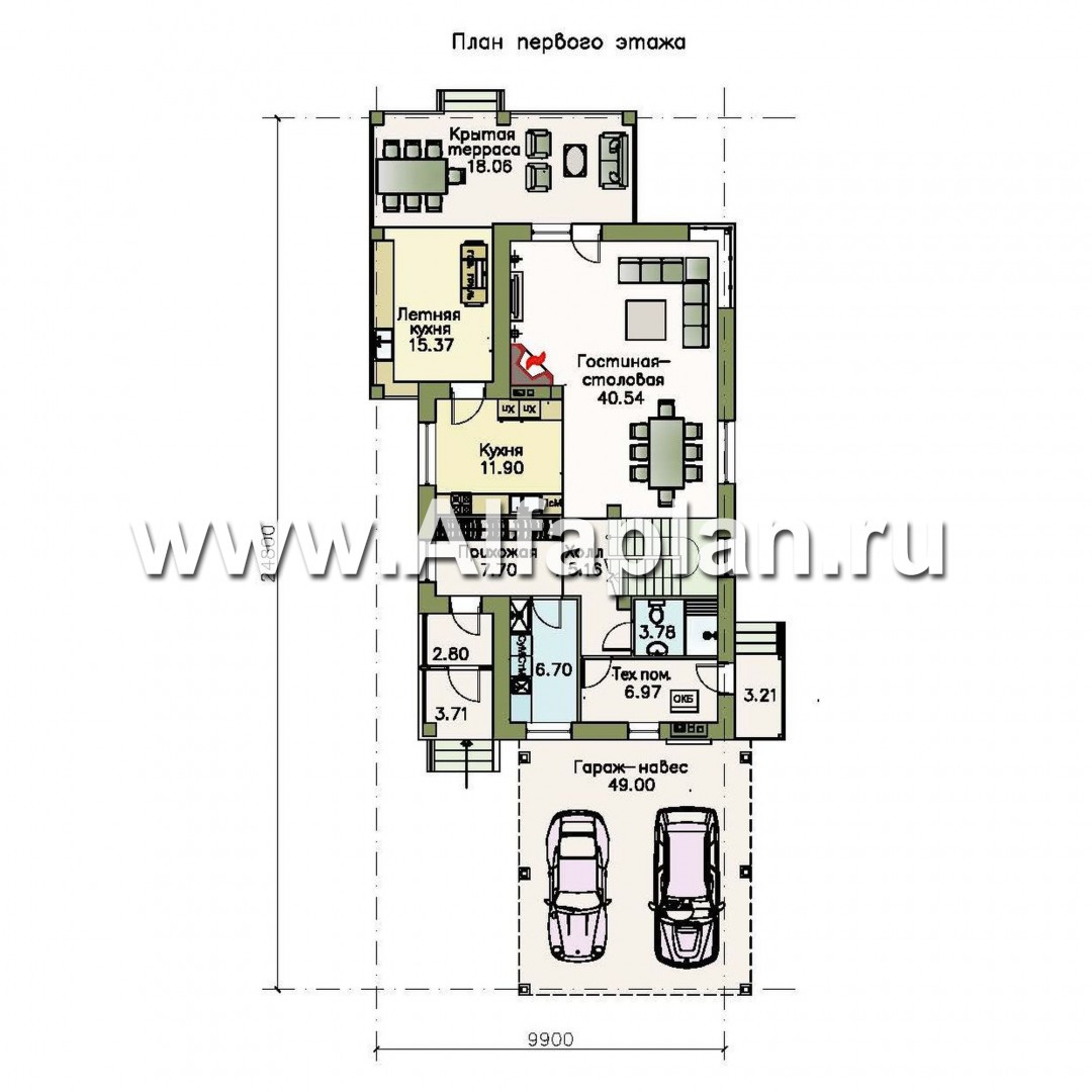«Роза ветров» - проект двухэтажного коттеджа из газобетона, с террасой, с летней кухней, навес на 2 авто - план дома