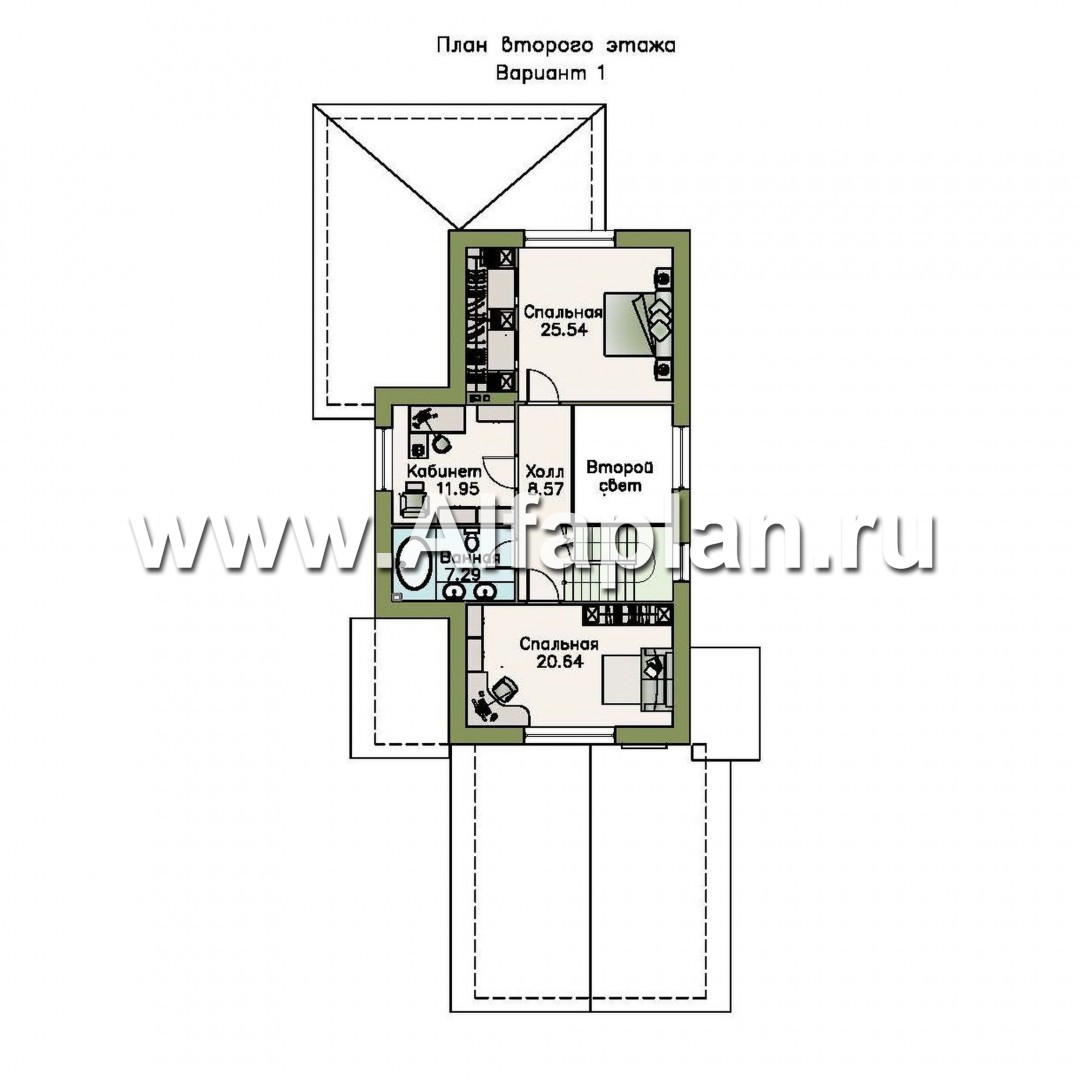 «Роза ветров» - проект двухэтажного коттеджа из газобетона, с террасой, с летней кухней, навес на 2 авто - план дома