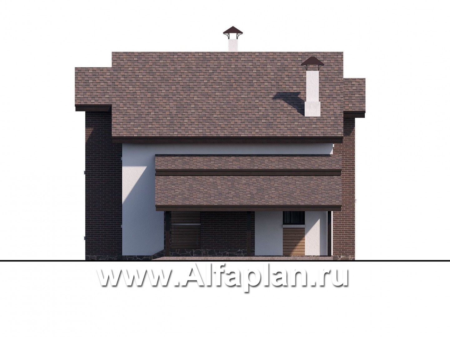 «Аспект» - проект коттеджа с мансардой, кабинет на 1 эт и терраса, с навесом на 1 авто, с двускатной кровлей - фасад дома