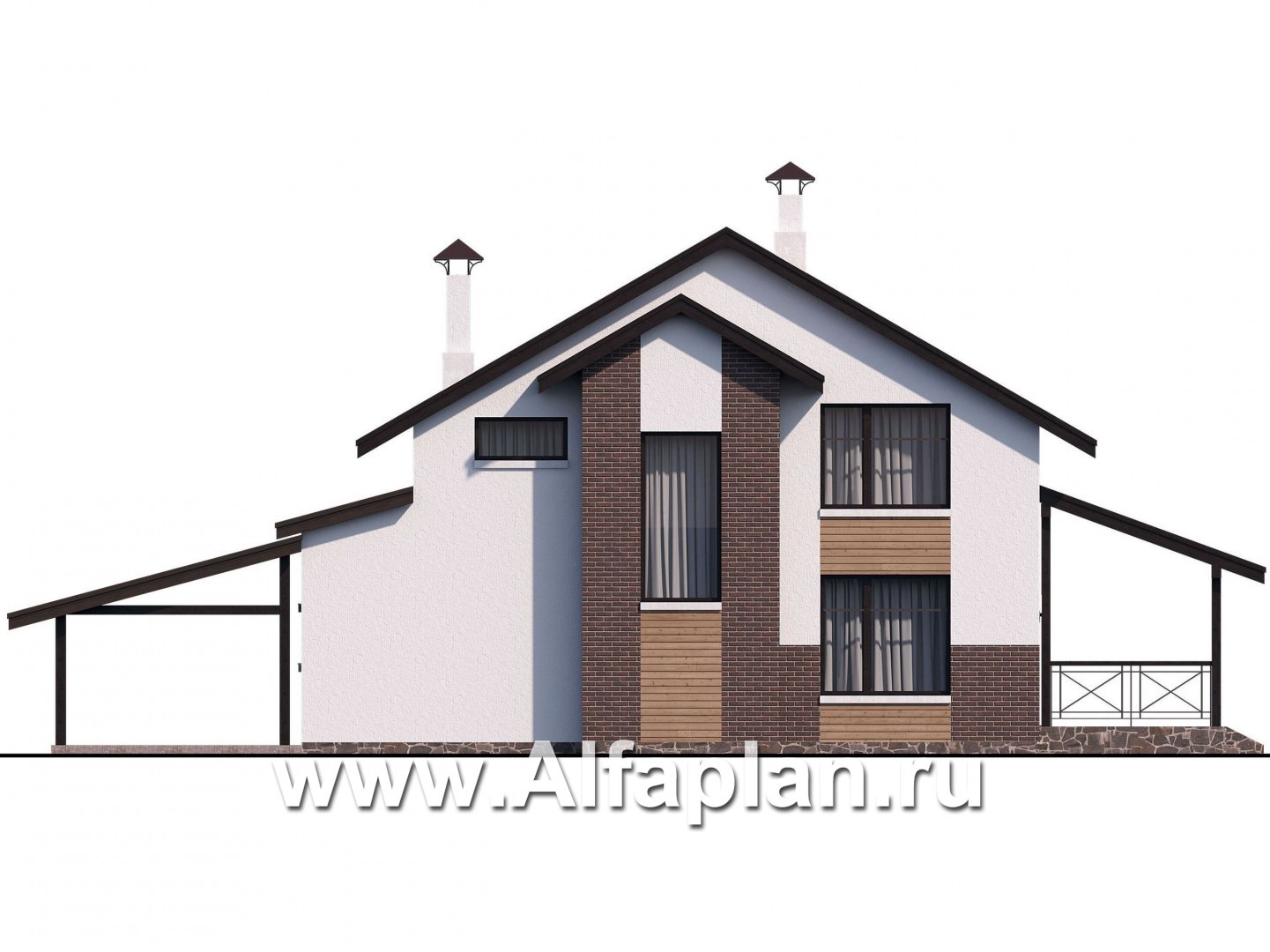 «Аспект» - проект коттеджа с мансардой, кабинет на 1 эт и терраса, с навесом на 1 авто, с двускатной кровлей - фасад дома