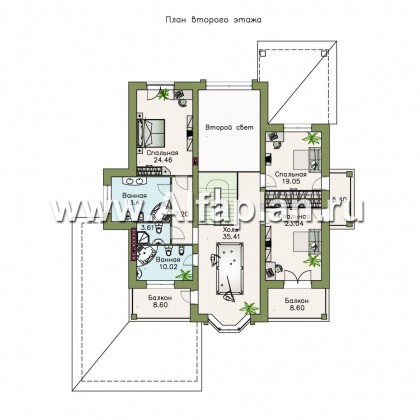 «Первый класс» - проект двухэтажного дома из кирпича, вилла, планировка со вторым светом и с эркером, с гаражом на 2 авто - превью план дома