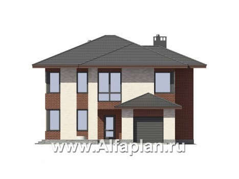 Проект двухэтажного дома, планировка с кабинетом и с гаражом, с террасой, в современном стиле - превью фасада дома