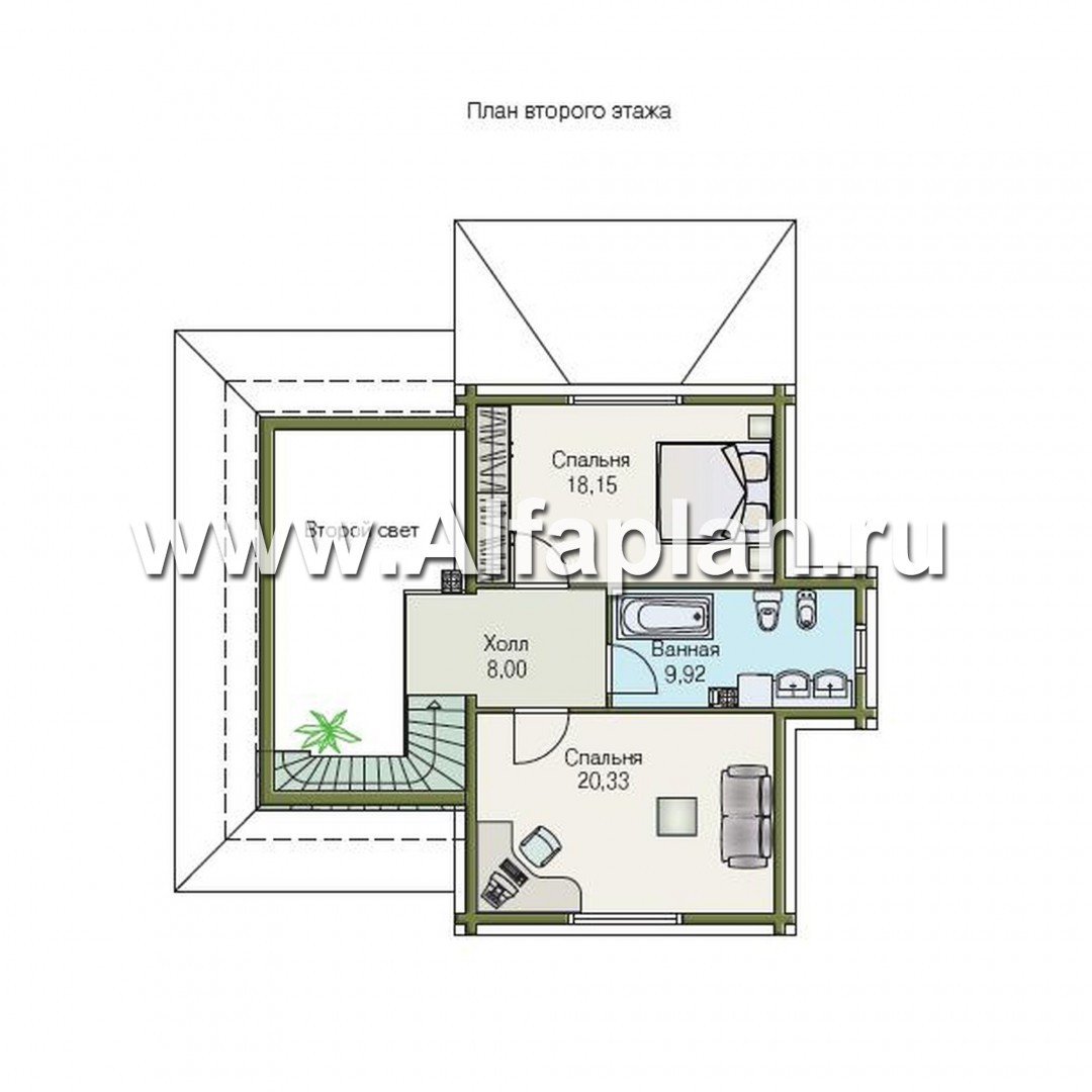«Альпенхаус»- проект дома с мансардой, высокий потолок в гостиной, в стиле  шале, 1 эт из кирпича, 2 эт из бруса - план дома