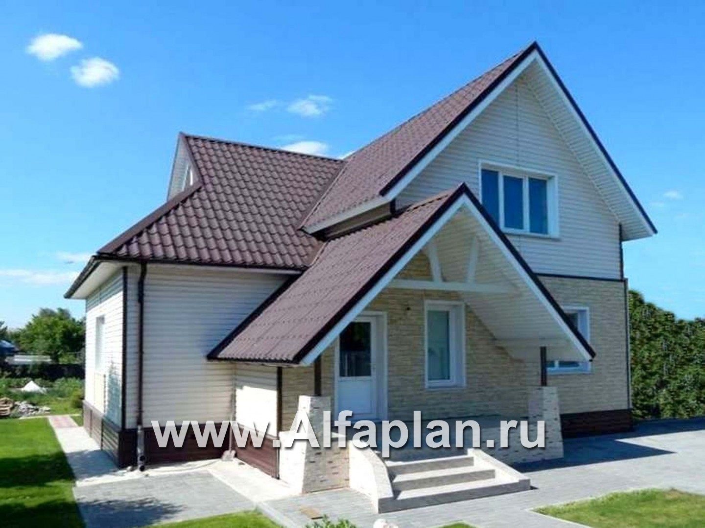 «Альпенхаус»- проект дома с мансардой, высокий потолок в гостиной, в стиле  шале, 1 эт из кирпича, 2 эт из бруса - дизайн дома №3