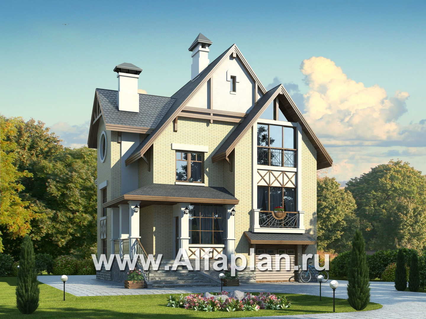 Проект трехэтажного дома из газобетона «Индиго», с гаражом в цоколе - дизайн дома №1