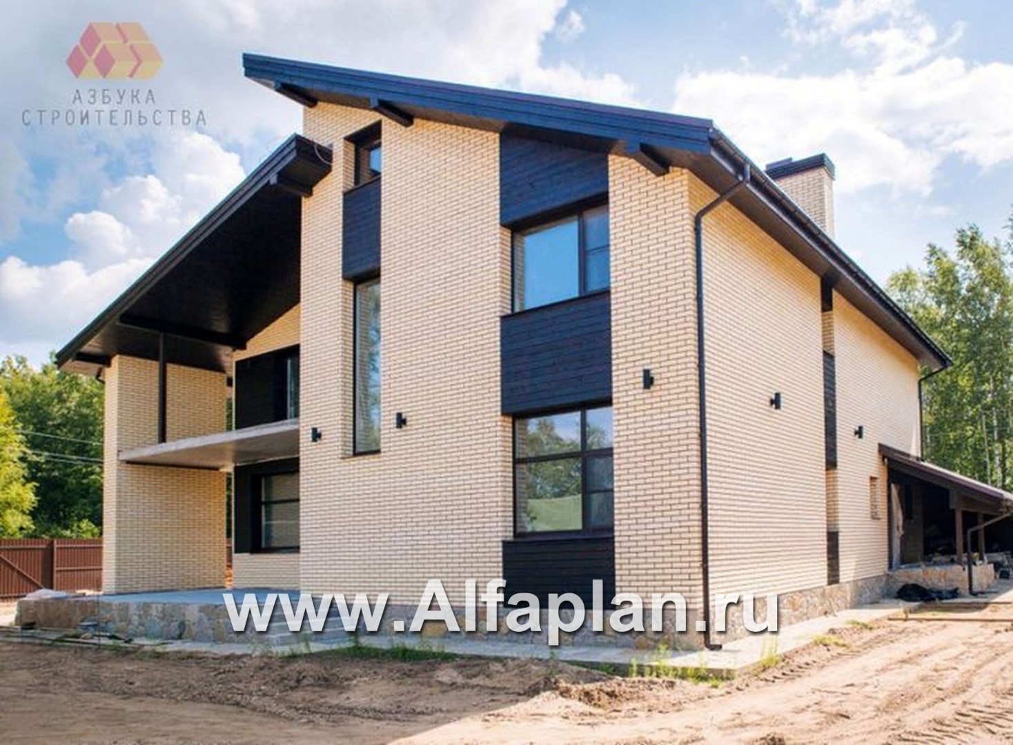 Проект двухэтажного дома с фото, план с гостевой на 1 эт и со вторым светом гостиной,  с террасой и  с гаражом на 3 авто - дизайн дома №6