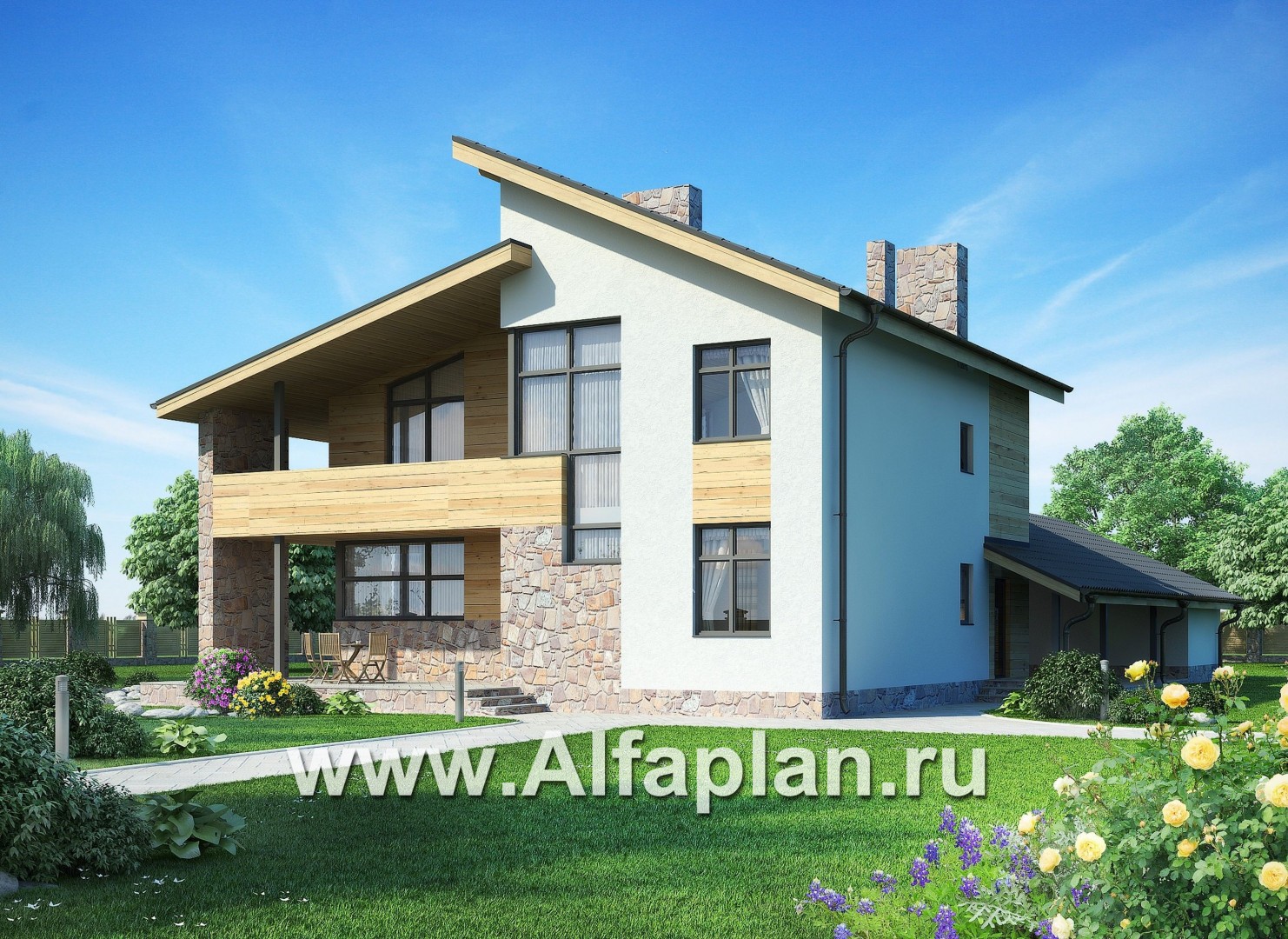 Проект двухэтажного дома с фото, план с гостевой на 1 эт и со вторым светом гостиной,  с террасой и  с гаражом на 3 авто - дизайн дома №10