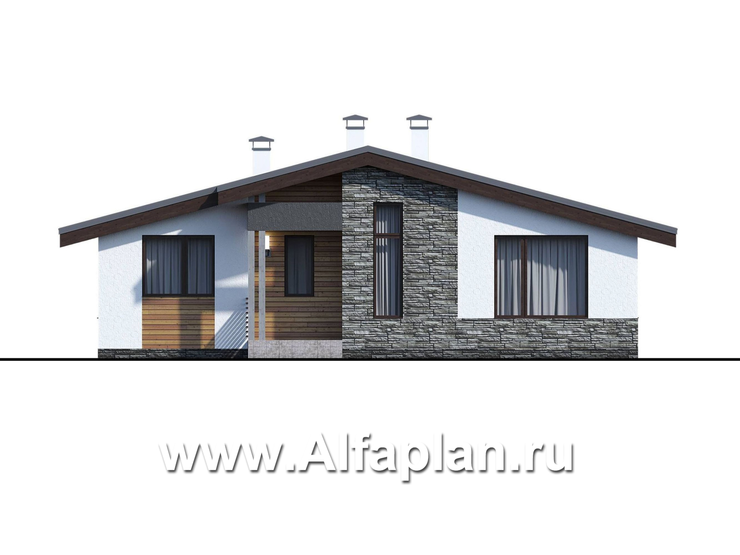 Проекты домов Альфаплан - «Калисто» - одноэтажный коттедж с островным камином в гостиной - изображение фасада №1