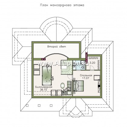 «Линия судьбы» - проект одноэтажного дома с мансардой, из кирпича, с эркером и с бильярдной - превью план дома