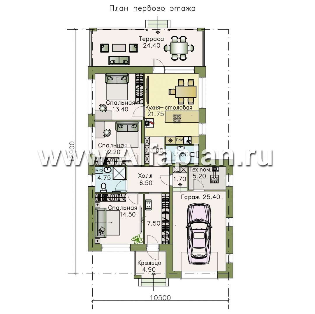 «Каллиопа» - проект одноэтажного дома, 3 спальни, с террасой и с гаражом, в современном стиле - план дома